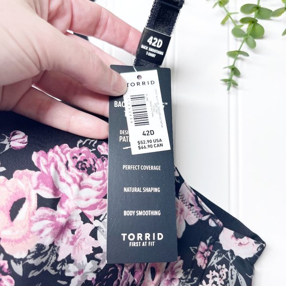 Torrid Black Floral Skull Curve 360 Back Smoothing Push Up Plunge Bra, Size 42D - Picture 5 of 9